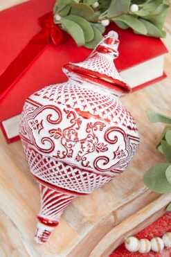 10" White Red Matte Metallic Finial Ornament