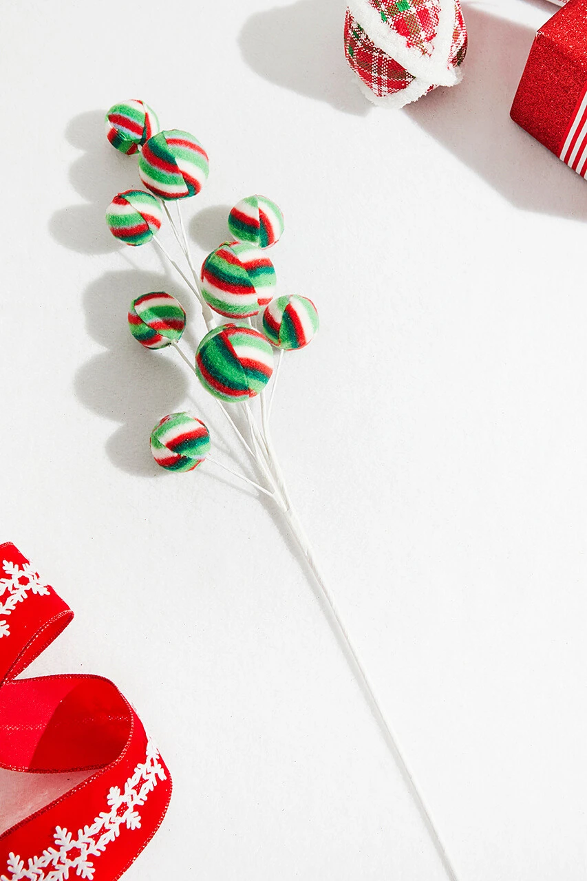 25β Stripe Ball Ornament Spray - Red/Green/White