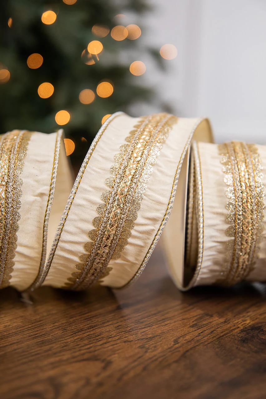 2.5β X 5 Yard Scalloped Braid Dupion Ribbon - Cream/Gold - Image 5