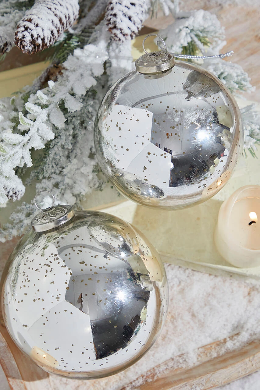 5" Round Antique Silver Mercury Glass Ball Ornament - Image 2