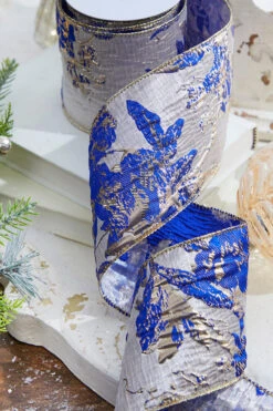 4" X 10 Yard Blue And Champagne Jaquard Ribbon