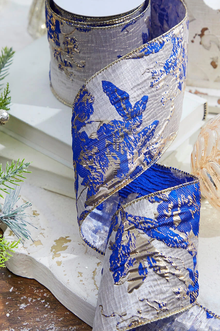 4" X 10 Yard Blue And Champagne Jaquard Ribbon