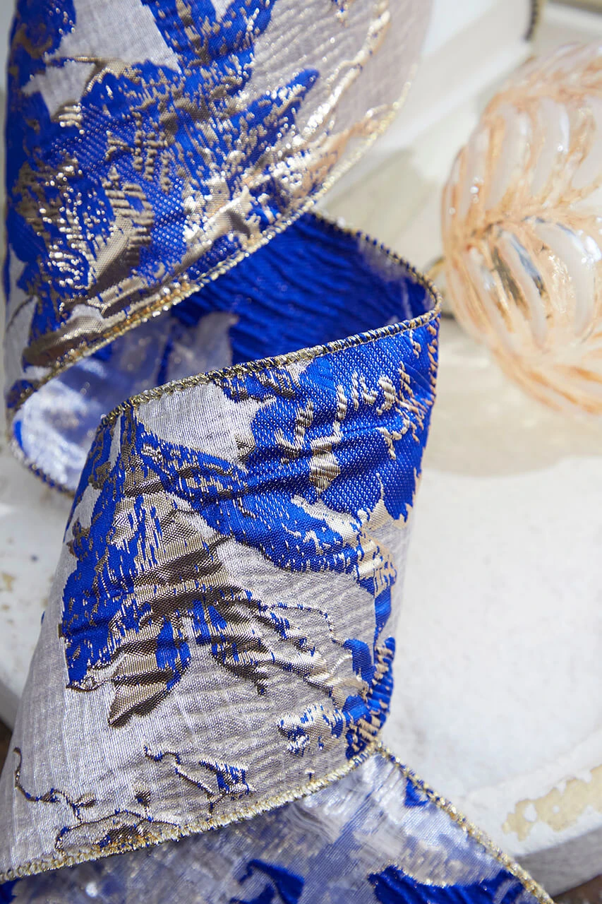 4" X 10 Yard Blue And Champagne Jaquard Ribbon - Image 2