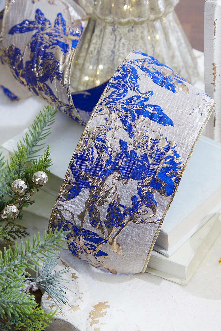 4" X 10 Yard Blue And Champagne Jaquard Ribbon - Image 3