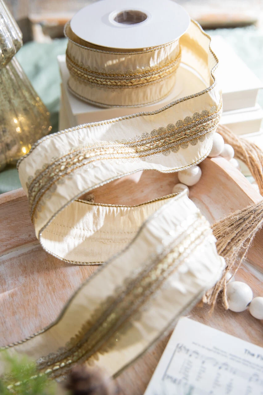 2.5β X 5 Yard Scalloped Braid Dupion Ribbon - Cream/Gold
