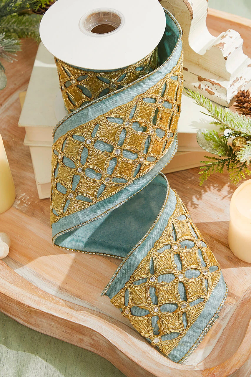 4" X 5 Yard Jeweled Diamond Dupion Wired Ribbon - Image 2