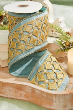 4" X 5 Yard Jeweled Diamond Dupion Wired Ribbon