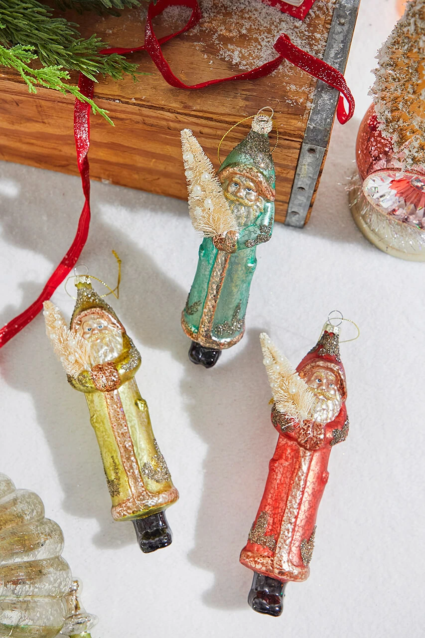 8" Mercury Glass Vintage Santa With Tree Ornament