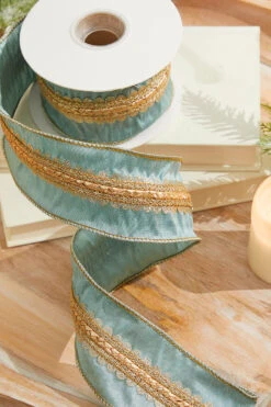 2.5” X 5 Yard Scalloped Braid Dupion Ribbon - Aqua/Gold