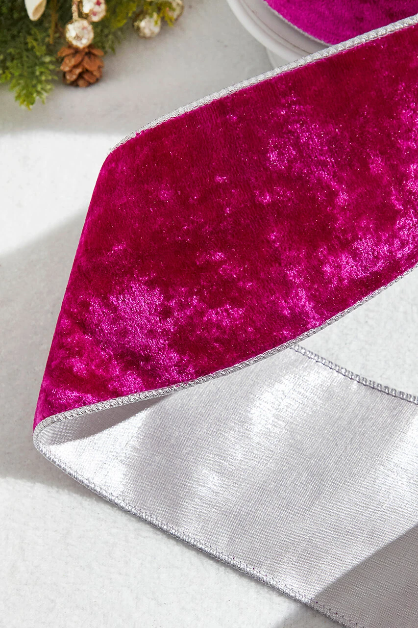 4β X 10 Yard Fuchsia Crown Velvet Metallic Back Ribbon - Image 2