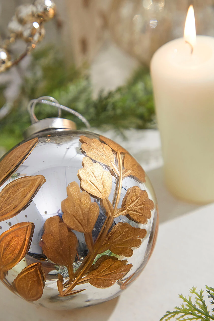 4" Round Antique Mercury Glass And Botanical Gold Etched Ornament - Image 2