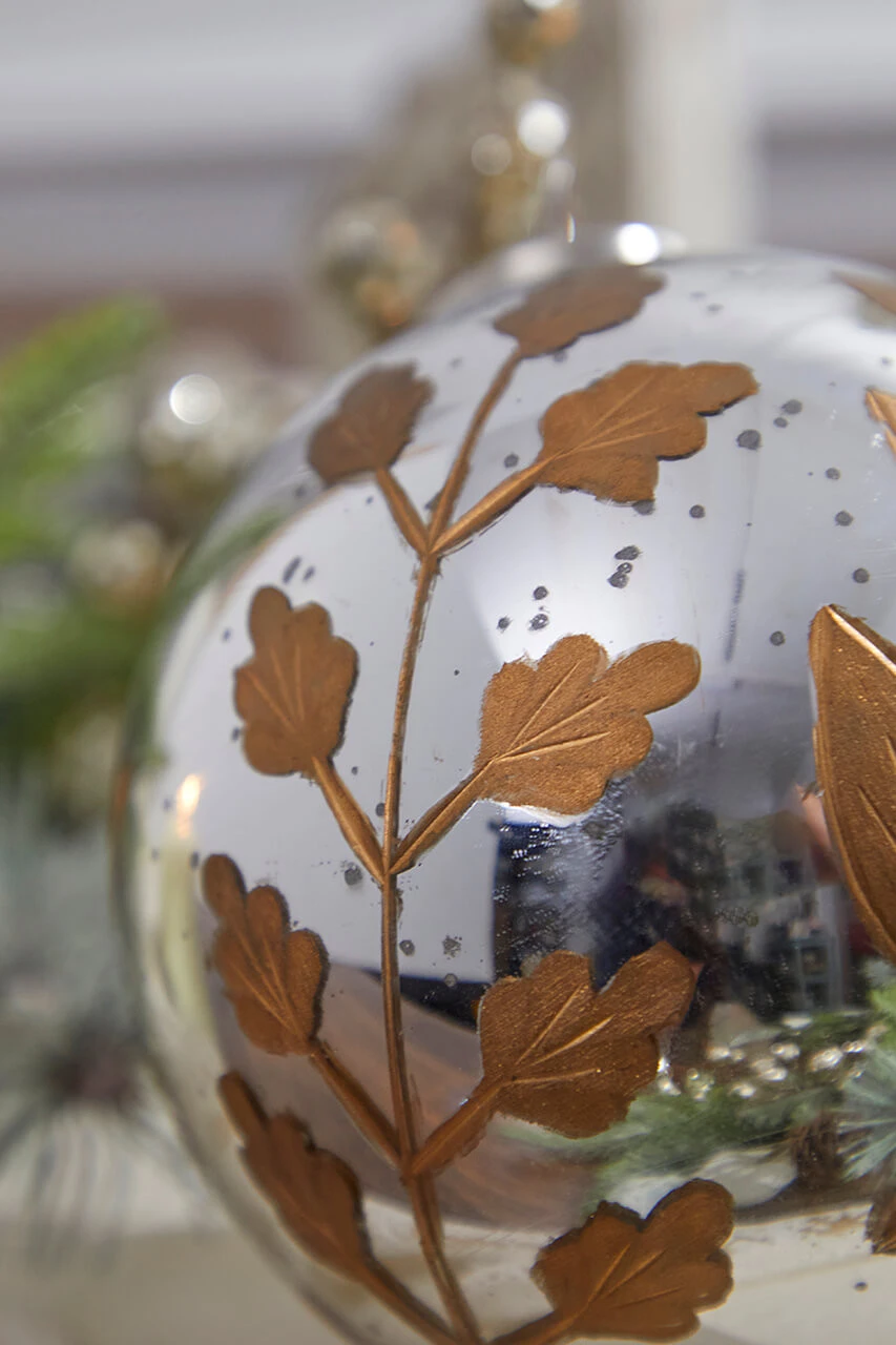 6" Round Antique Mercury Glass And Botanical Gold Etched Ornament - Image 2