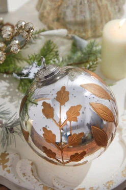 6" Round Antique Mercury Glass And Botanical Gold Etched Ornament