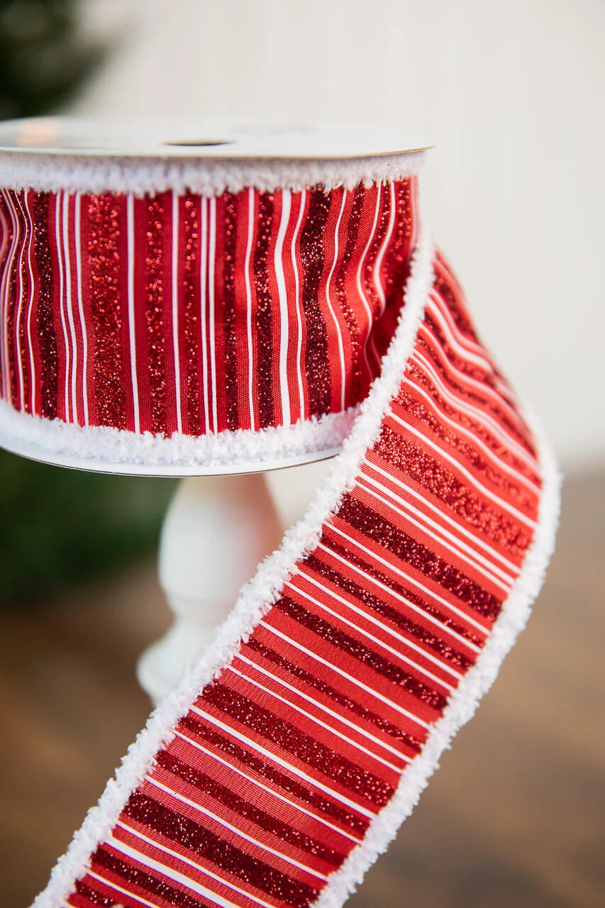 2.5β X 10 Yard Glitter Stitch Linen With Fur Edge Ribbon