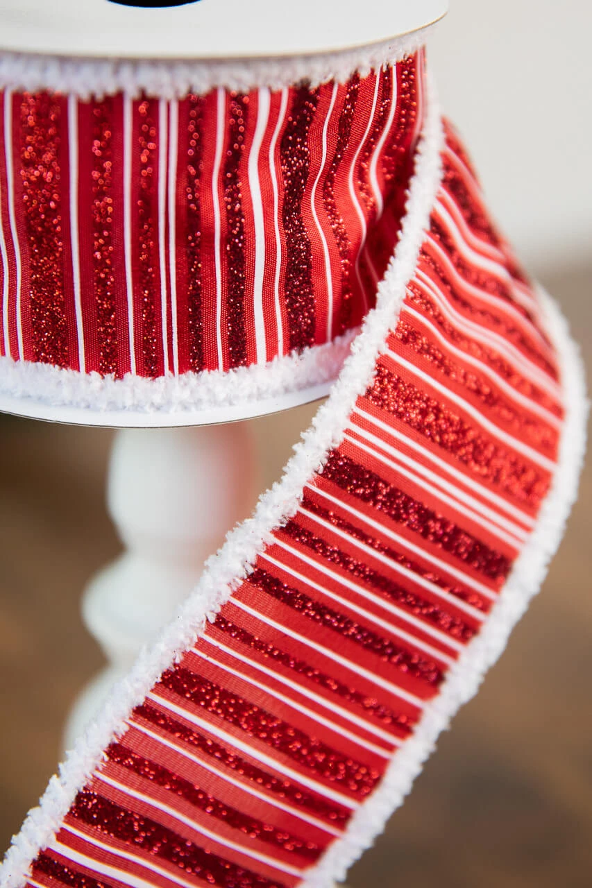 2.5β X 10 Yard Glitter Stitch Linen With Fur Edge Ribbon - Image 2