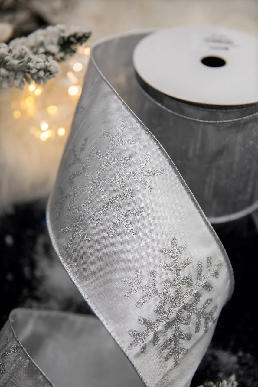 4β X 10 Yard Silver Glitter Snowflake On Lame Ribbon - Image 3
