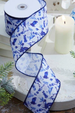 2.5" X 10 Yard Blue And White Birds Wired Ribbon