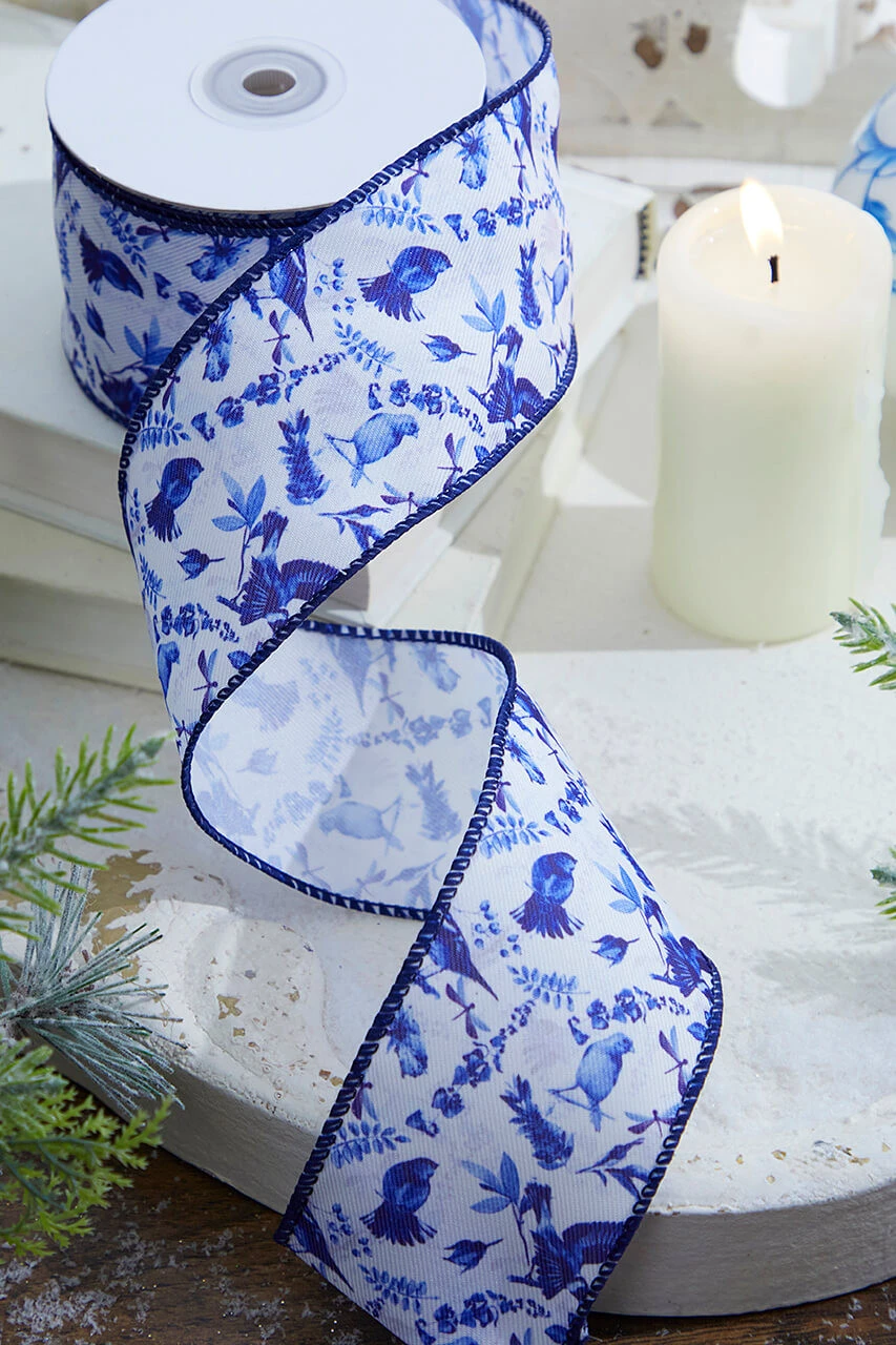 2.5" X 10 Yard Blue And White Birds Wired Ribbon
