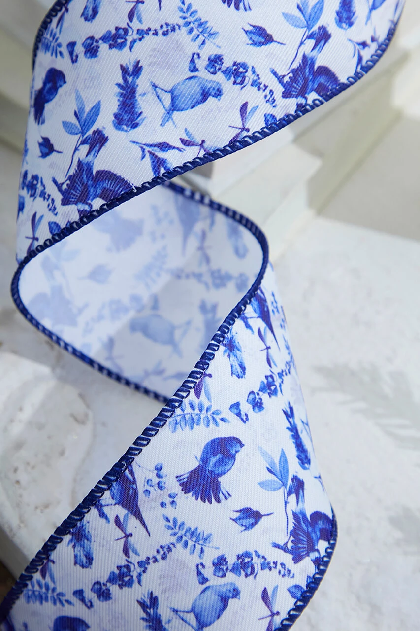 2.5" X 10 Yard Blue And White Birds Wired Ribbon - Image 2