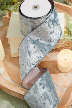 4" X 10 Yard Misty Blue Crushed Velvet Wired Ribbon