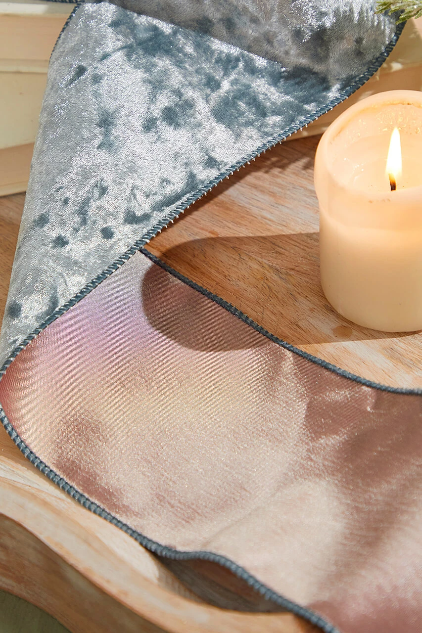 4" X 10 Yard Misty Blue Crushed Velvet Wired Ribbon - Image 3