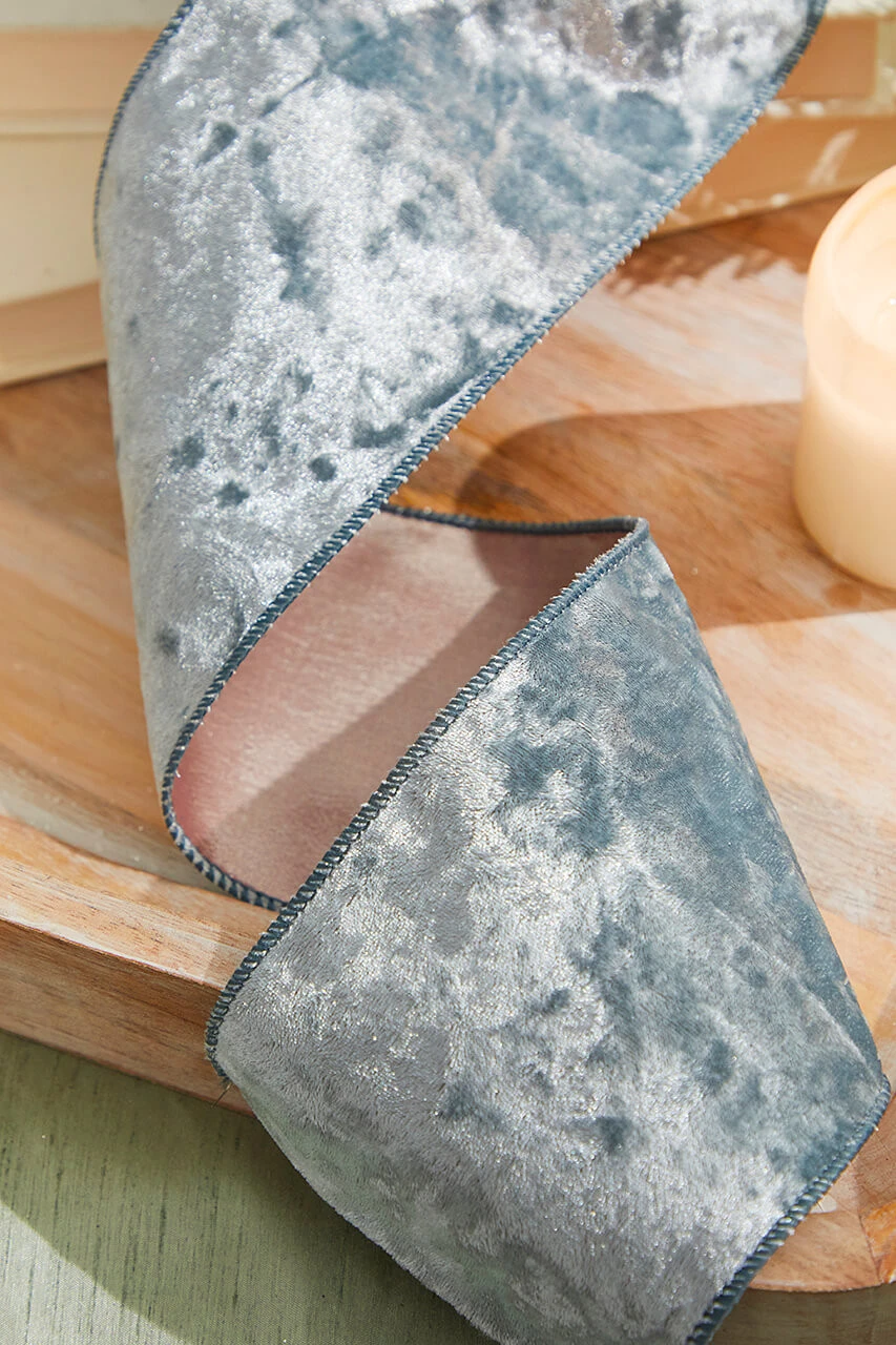 4" X 10 Yard Misty Blue Crushed Velvet Wired Ribbon - Image 2