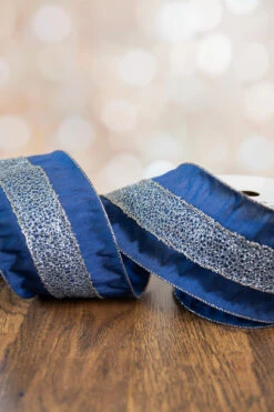 4” X 10 Yard Navy Glitter Mesh Stripe Dupioni Wired Ribbon