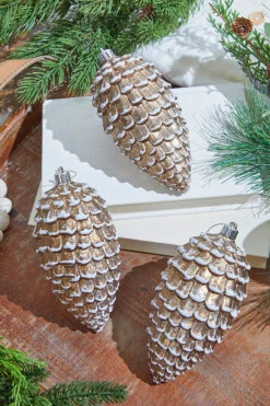 6.5" Brown/White Snowed Pine Cone Ornament Box - Set Of 3