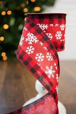 4” X 10 Yard Buffalo Plaid Edge Snowflake Ribbon