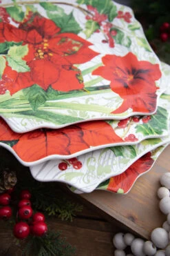 12” Ceramic Christmas Botanical Dinner Plates - Set Of 4