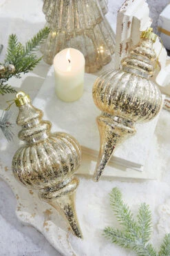 10" Mercury Ridged Finial Ornament - Set Of 2