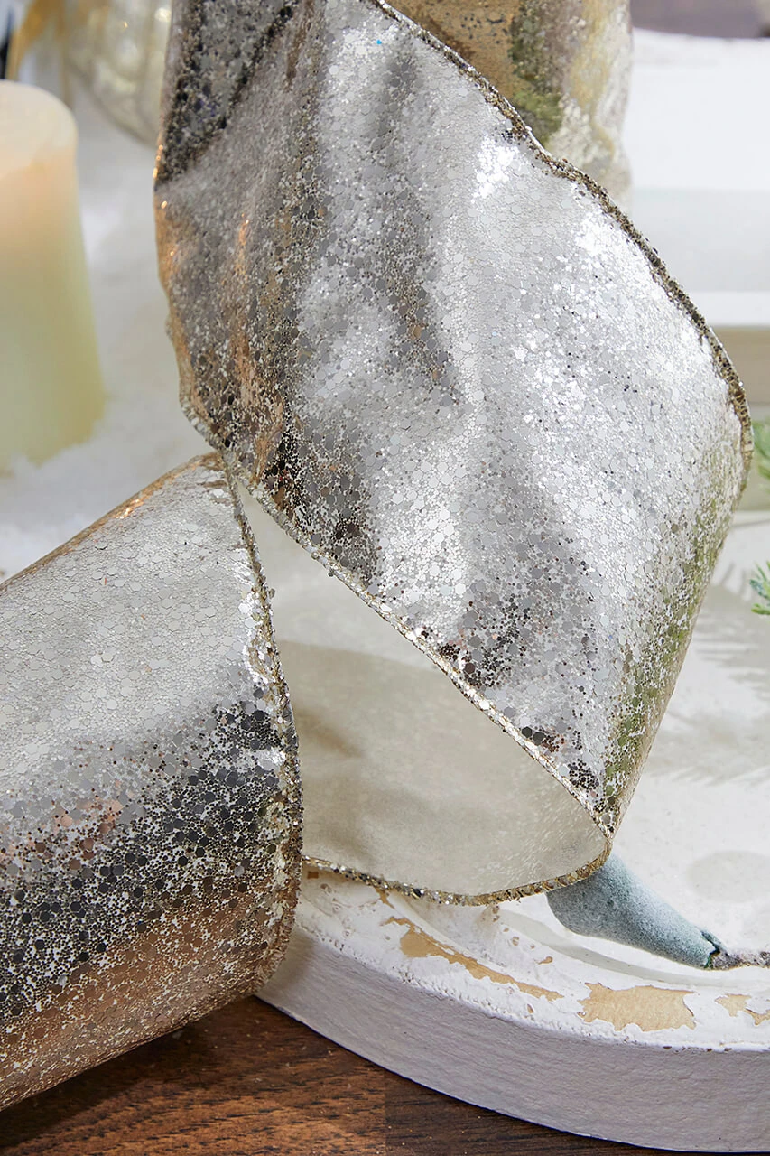 4" X 10 Yard Champagne Glitter Wired Ribbon - Image 2