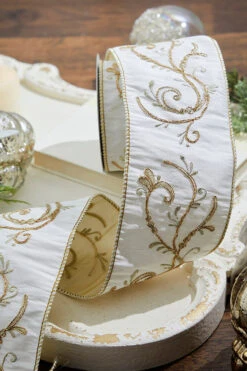 4” X 5 Yard Cream & Gold Embroided Fleur Vine Ribbon