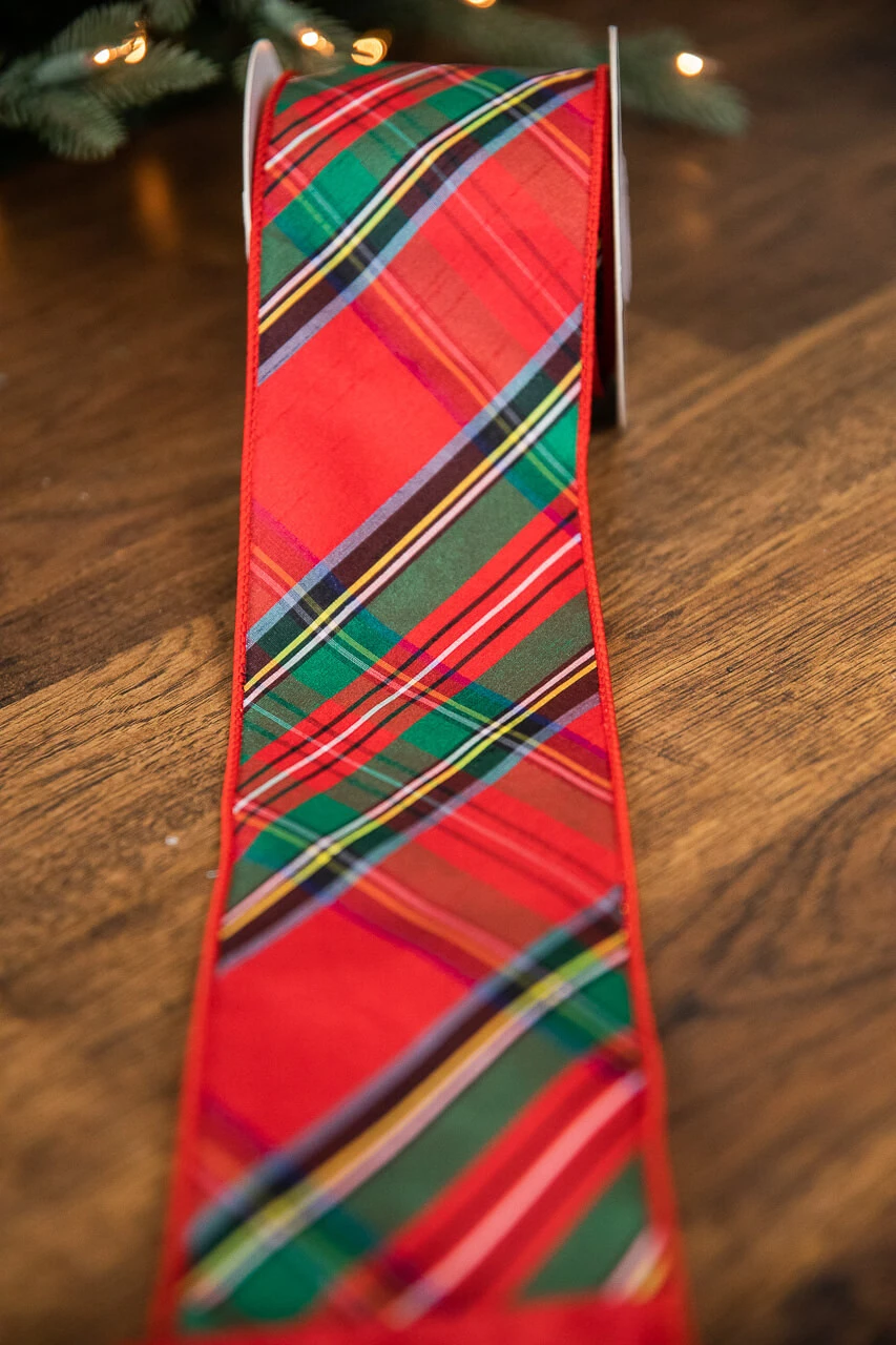 4" X 5 Yard Diagonal Cut Nutcracker Plaid Dupioni Ribbon - Image 4