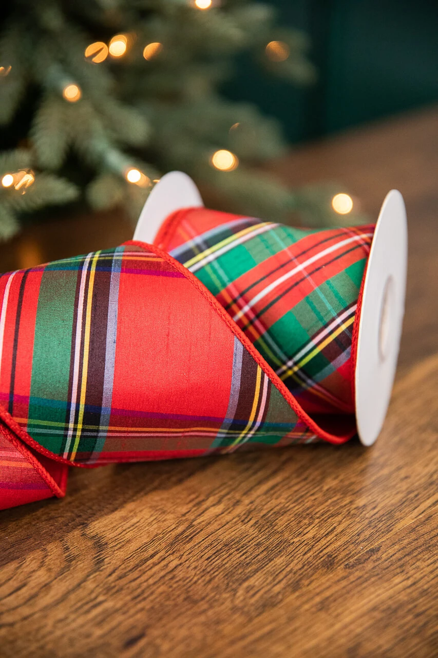 4" X 5 Yard Diagonal Cut Nutcracker Plaid Dupioni Ribbon - Image 3