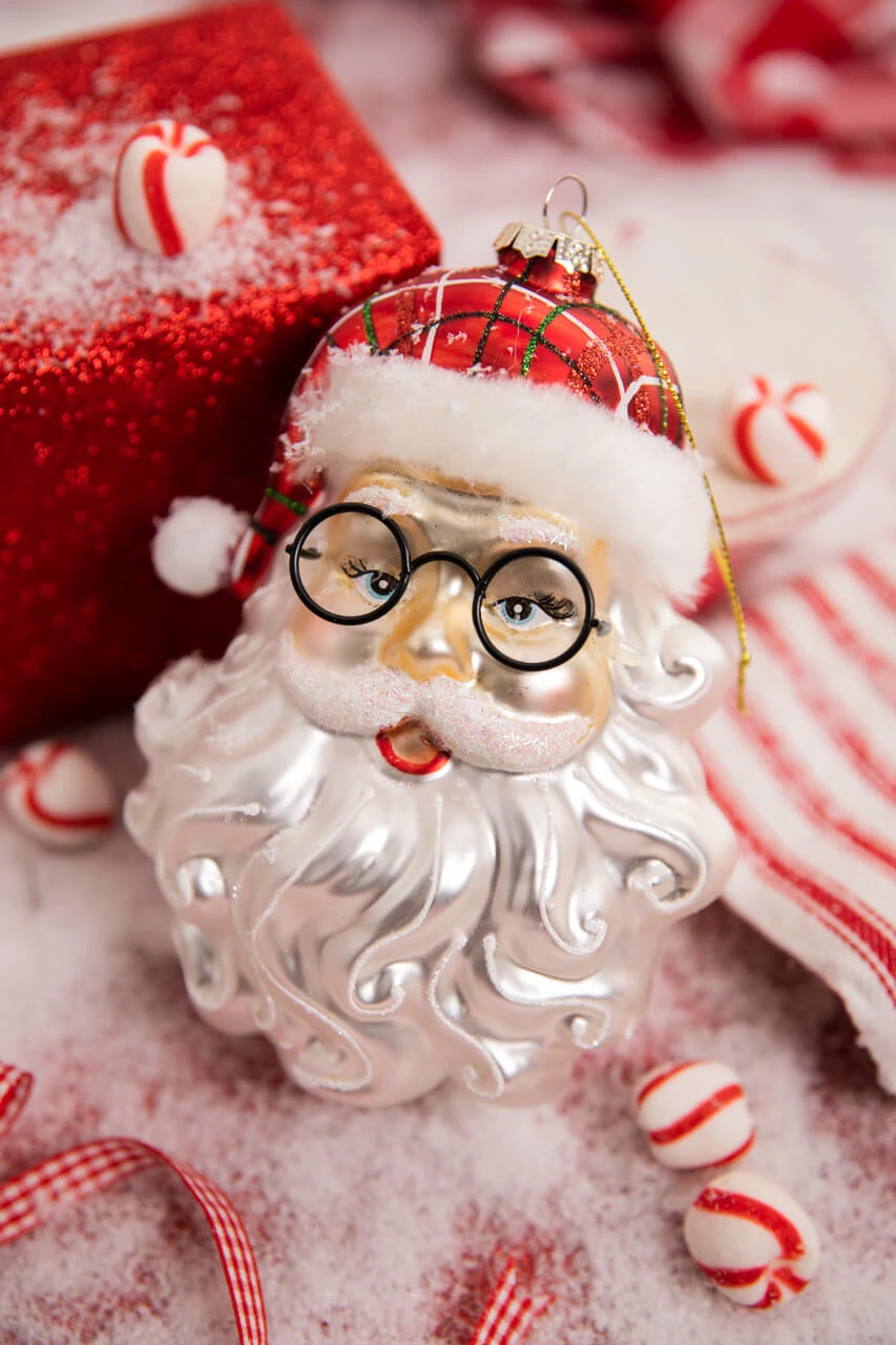 6.5β Retro Glass Santa Face With Glasses Ornament