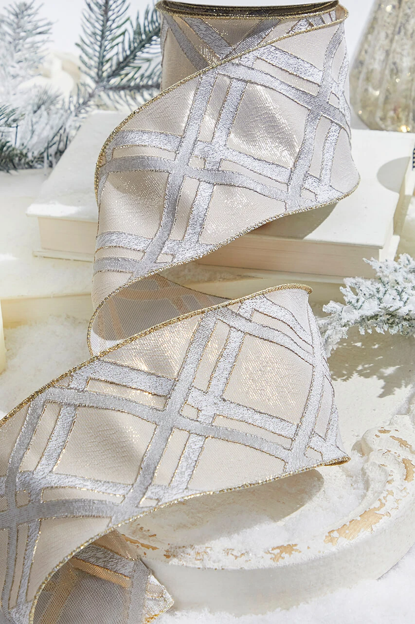 4” X 10 Yard Gold/Blue Lattice Ribbon