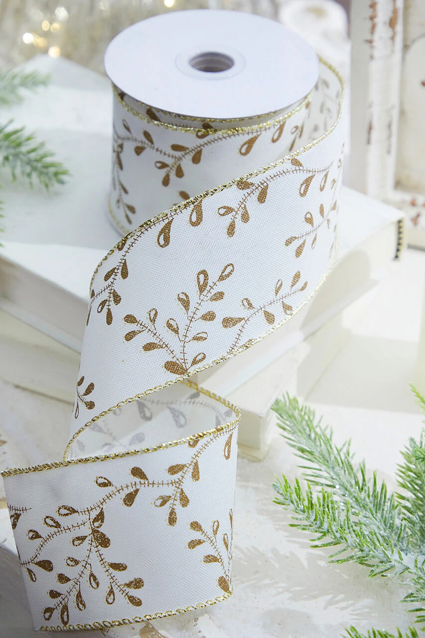 2.5" X 10 Yard Ivory & Gold Vine Wired Ribbon