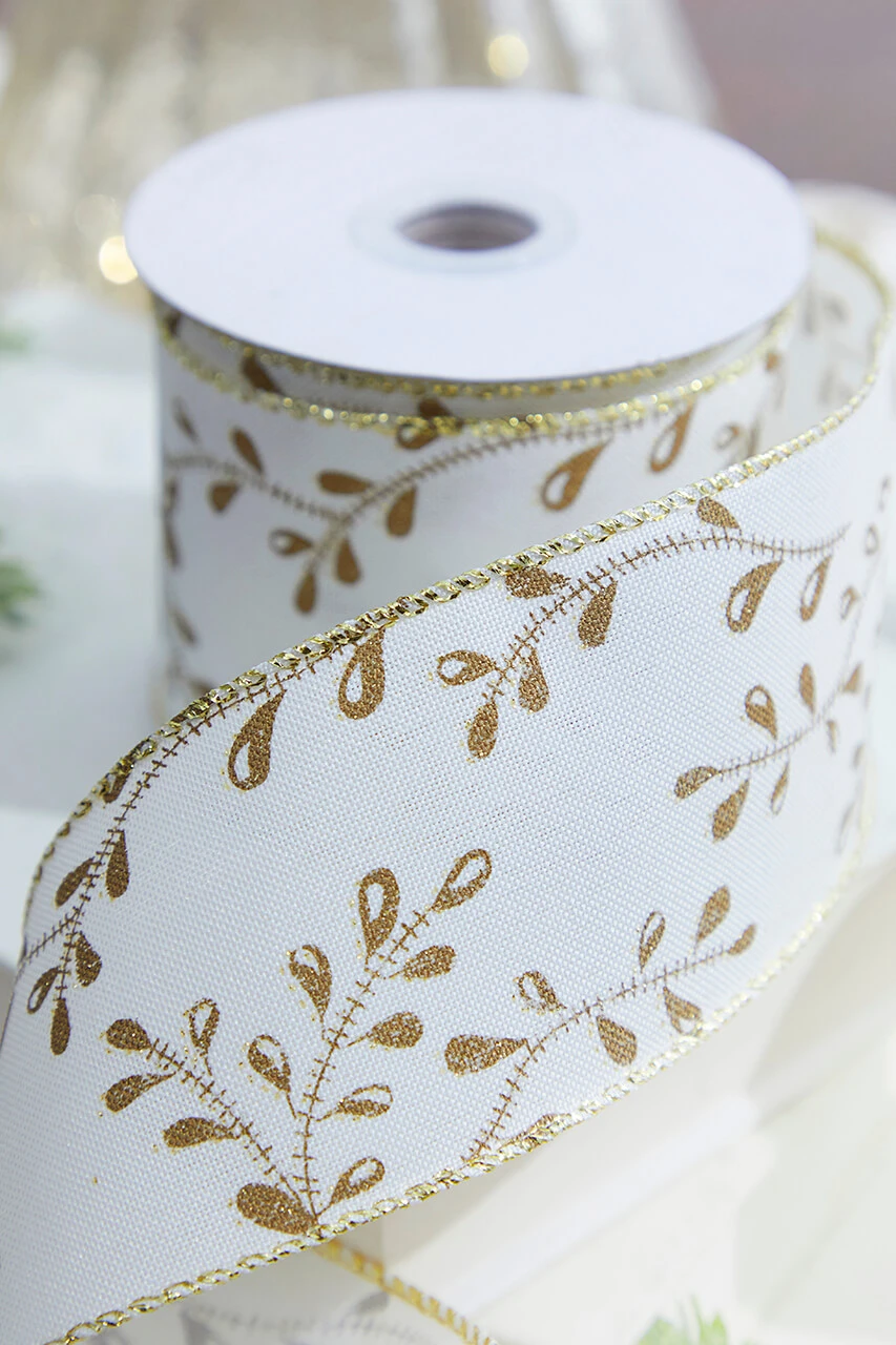 2.5" X 10 Yard Ivory & Gold Vine Wired Ribbon - Image 2