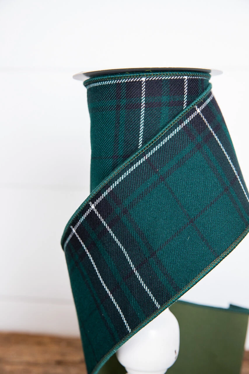 4" X 5 Yard Hunter Green Plaid Checks Tafetta Ribbon - Image 4