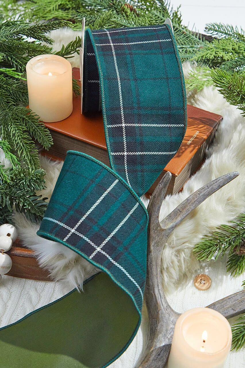 4" X 5 Yard Hunter Green Plaid Checks Tafetta Ribbon - Image 2