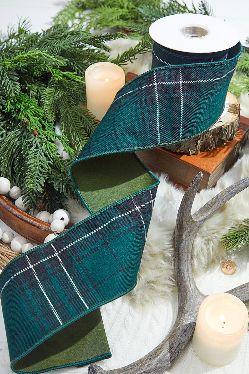 4" X 5 Yard Hunter Green Plaid Checks Tafetta Ribbon - Image 3