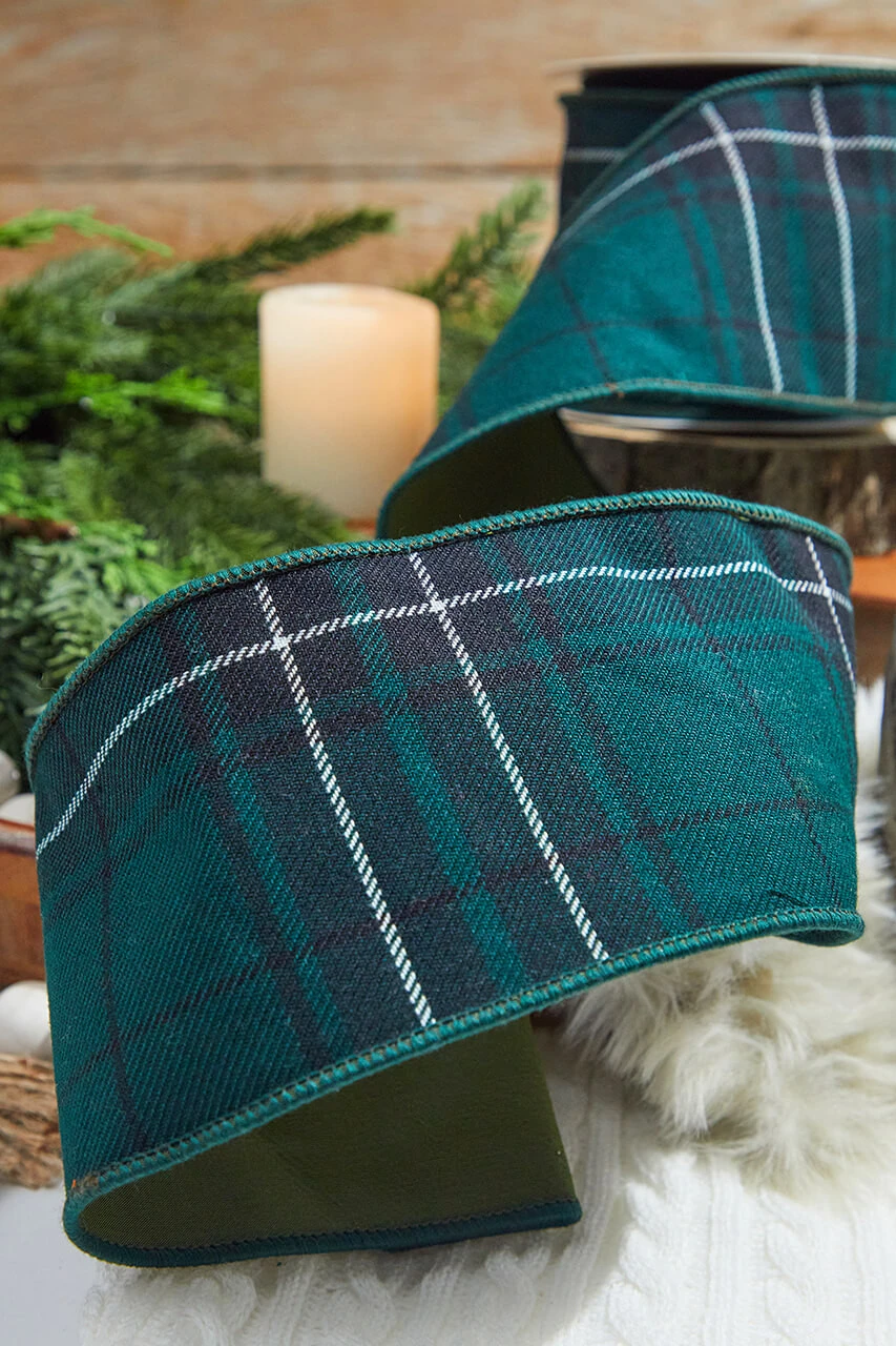4" X 5 Yard Hunter Green Plaid Checks Tafetta Ribbon