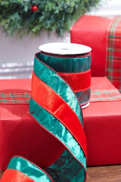 4" X 10 Yard Green With Red Stripe Silk Dupioni Wired Ribbon