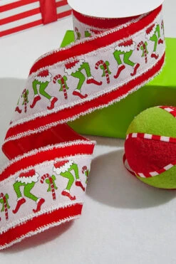 4" X 10 Yard Green Monster Legs & Candy Cane Christmas Ribbon