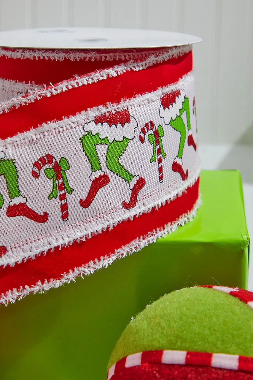 4" X 10 Yard Green Monster Legs & Candy Cane Christmas Ribbon - Image 3