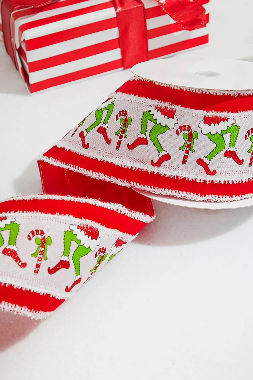 4" X 10 Yard Green Monster Legs & Candy Cane Christmas Ribbon - Image 2