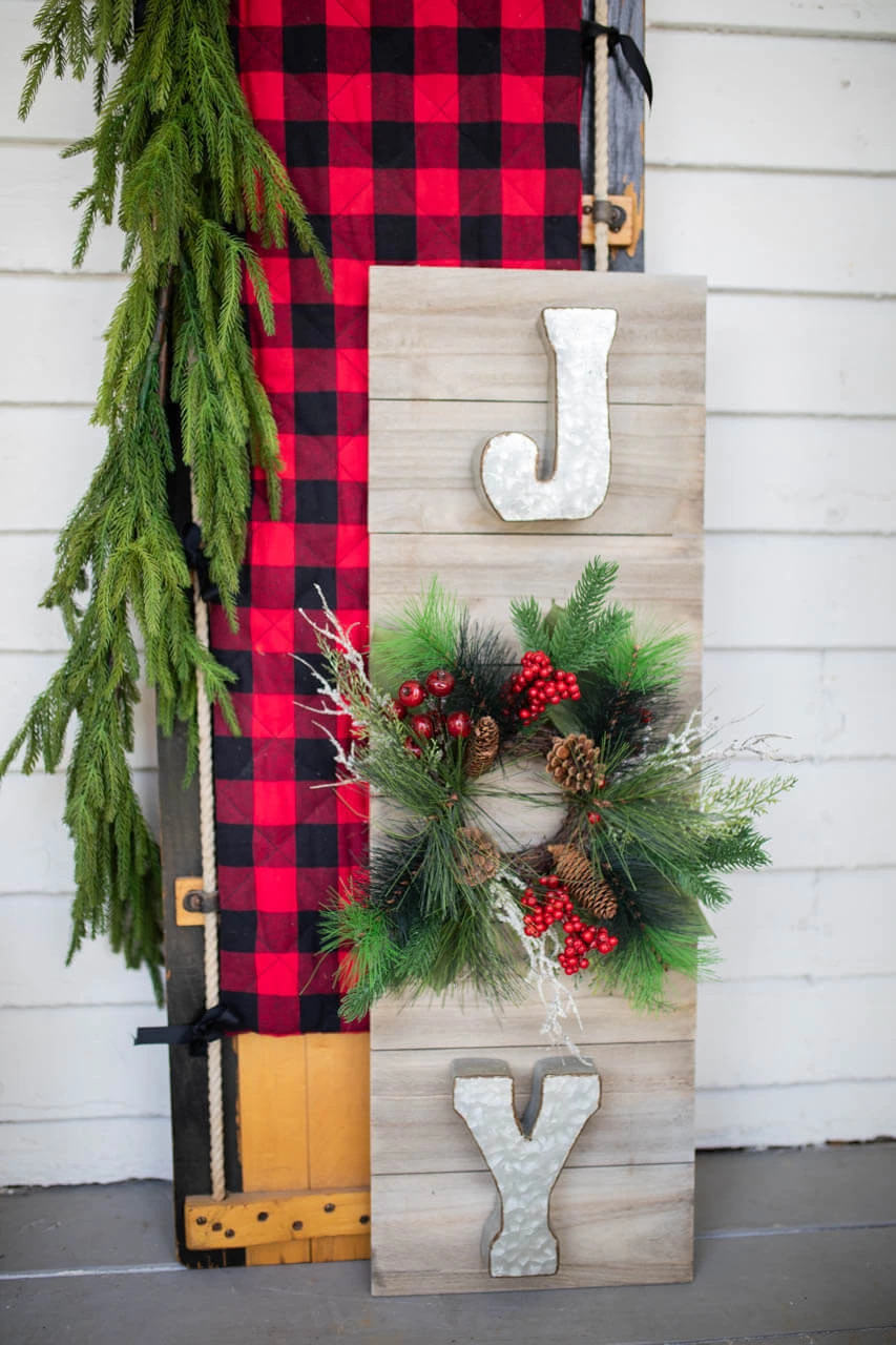 41โ H Wood & Metal โJoyโ Sign With Holiday Wreath - Image 2