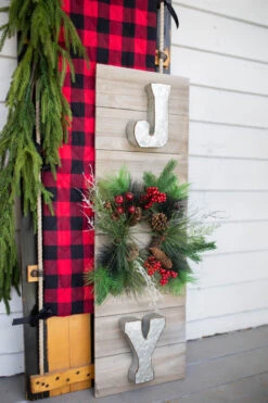 41β H Wood & Metal βJoyβ Sign With Holiday Wreath