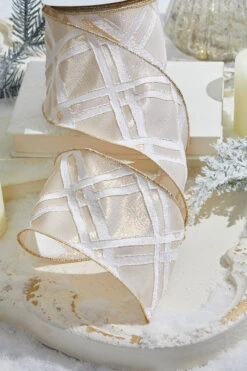 4” X 10 Yard Gold & White Lattice Ribbon